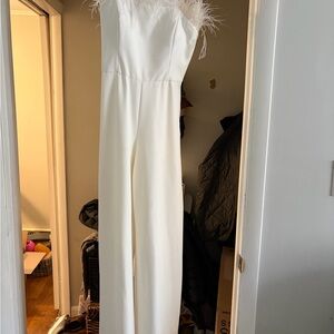 Aidan Mattox White Jumpsuit with Feather Accents